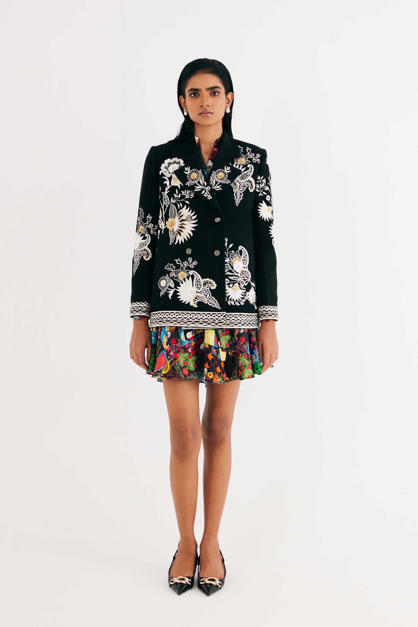 Black Embroidered Floral Wool Jacket