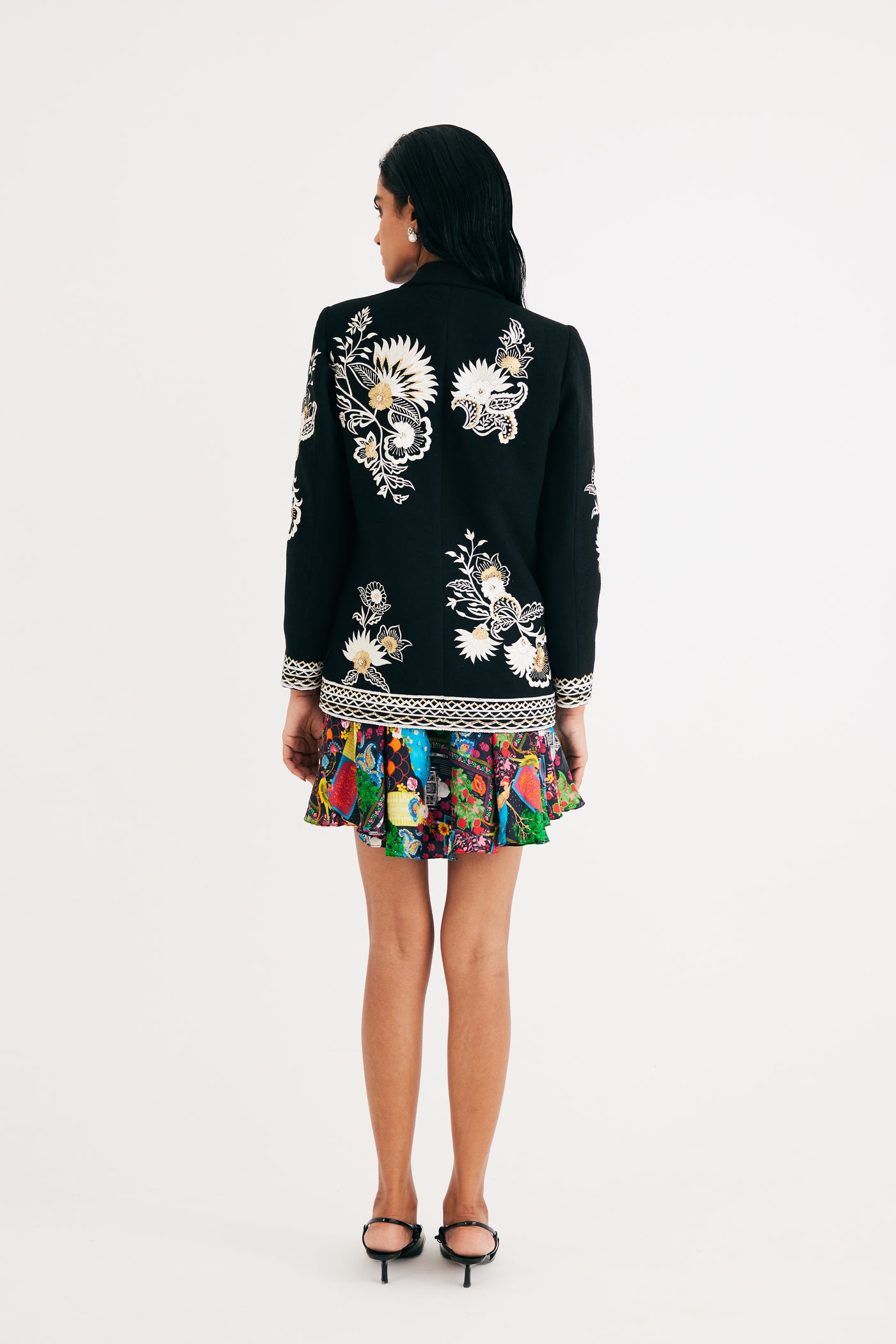 Black Embroidered Floral Wool Jacket