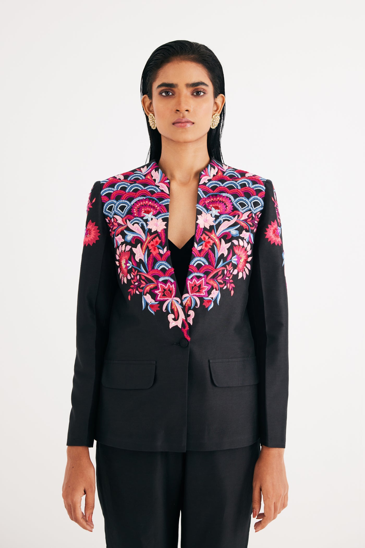 Black Silk Chanderi Floral Embroidered Jacket & Pant Set