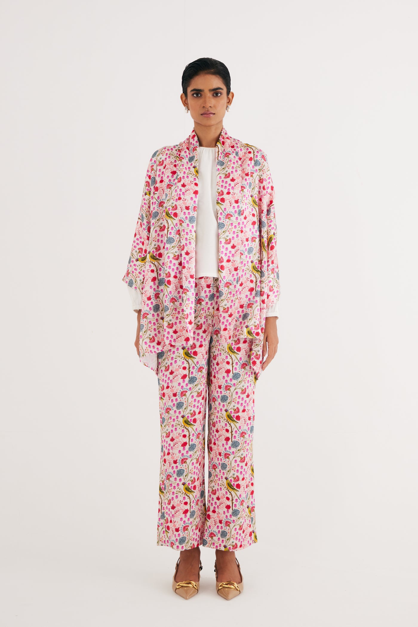 White Parrot Print Mashroo Satin Cape & Pant Set