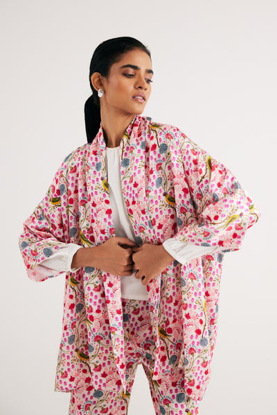 White Parrot Print Mashroo Satin Cape & Pant Set