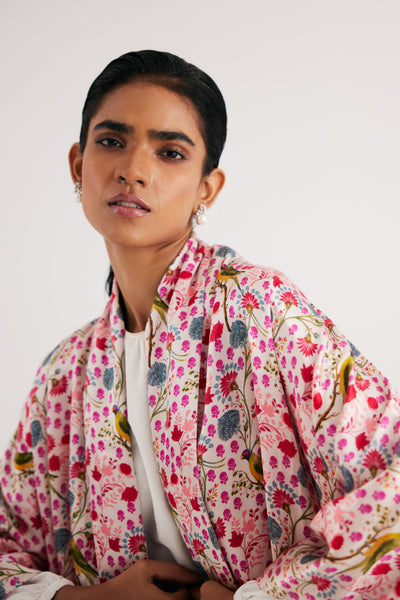 White Parrot Print Mashroo Satin Cape & Pant Set