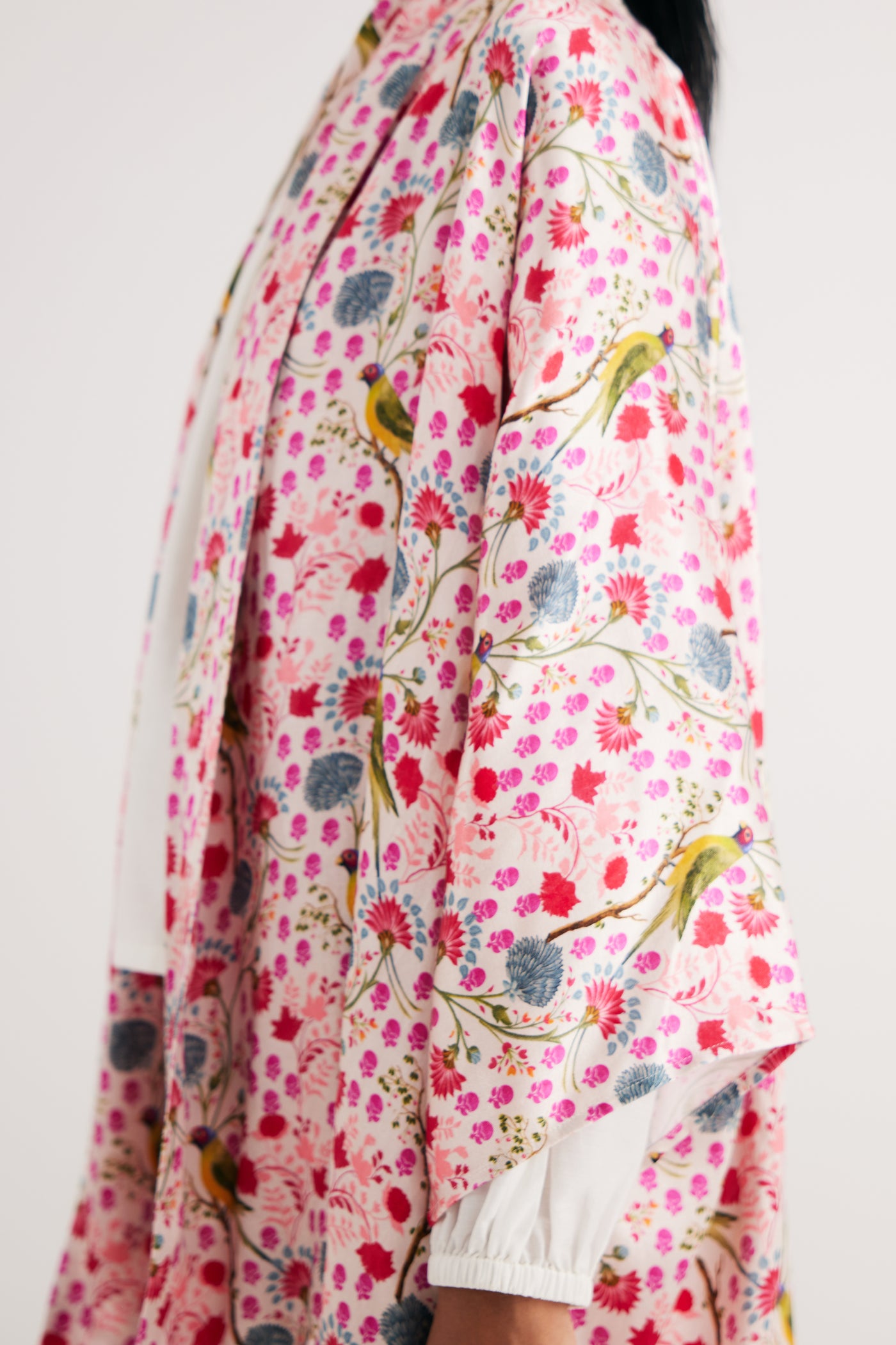 White Parrot Print Mashroo Satin Cape & Pant Set