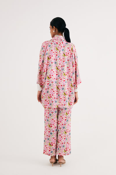 White Parrot Print Mashroo Satin Cape & Pant Set