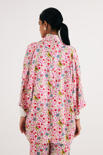 White Parrot Print Mashroo Satin Cape & Pant Set