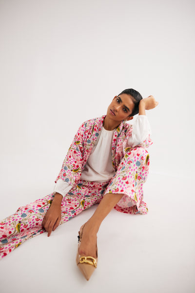 White Parrot Print Mashroo Satin Cape & Pant Set