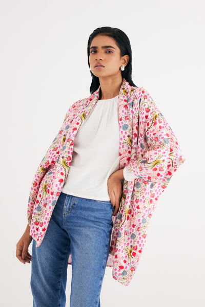 White Parrot Print Mashroo Satin Cape & Pant Set