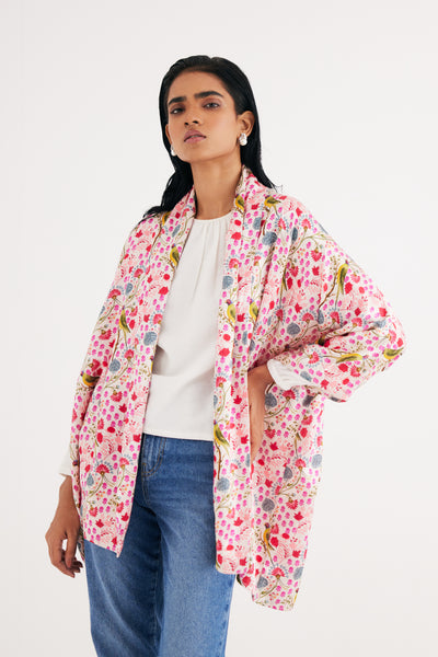 White Parrot Print Mashroo Satin Cape & Pant Set