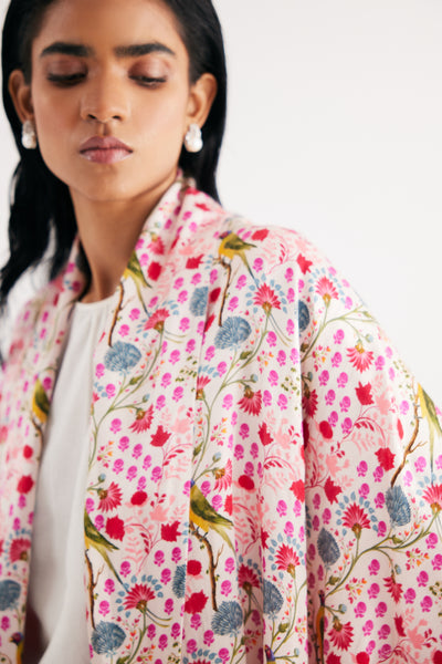 White Parrot Print Mashroo Satin Cape & Pant Set