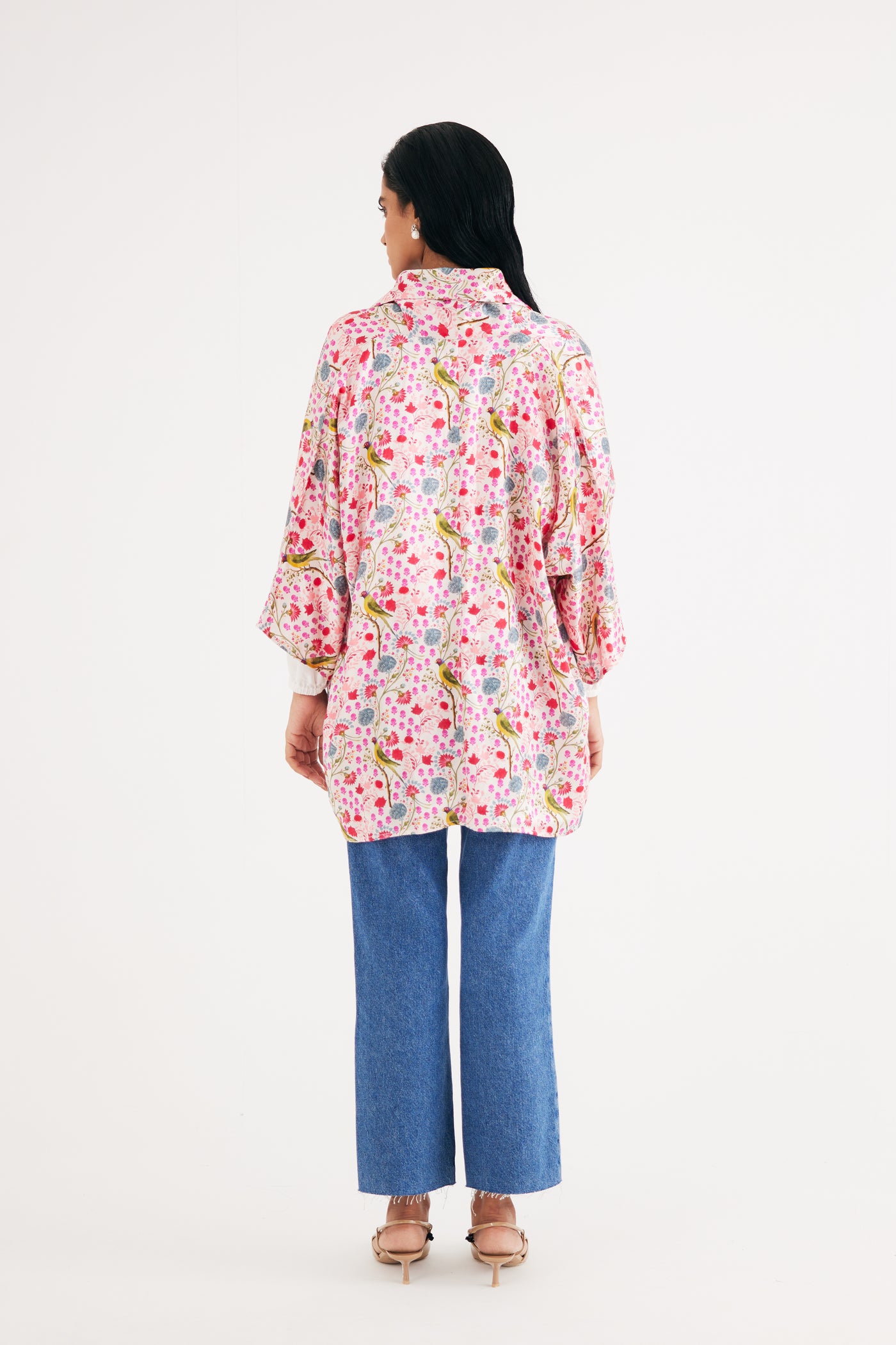 White Parrot Print Mashroo Satin Cape & Pant Set