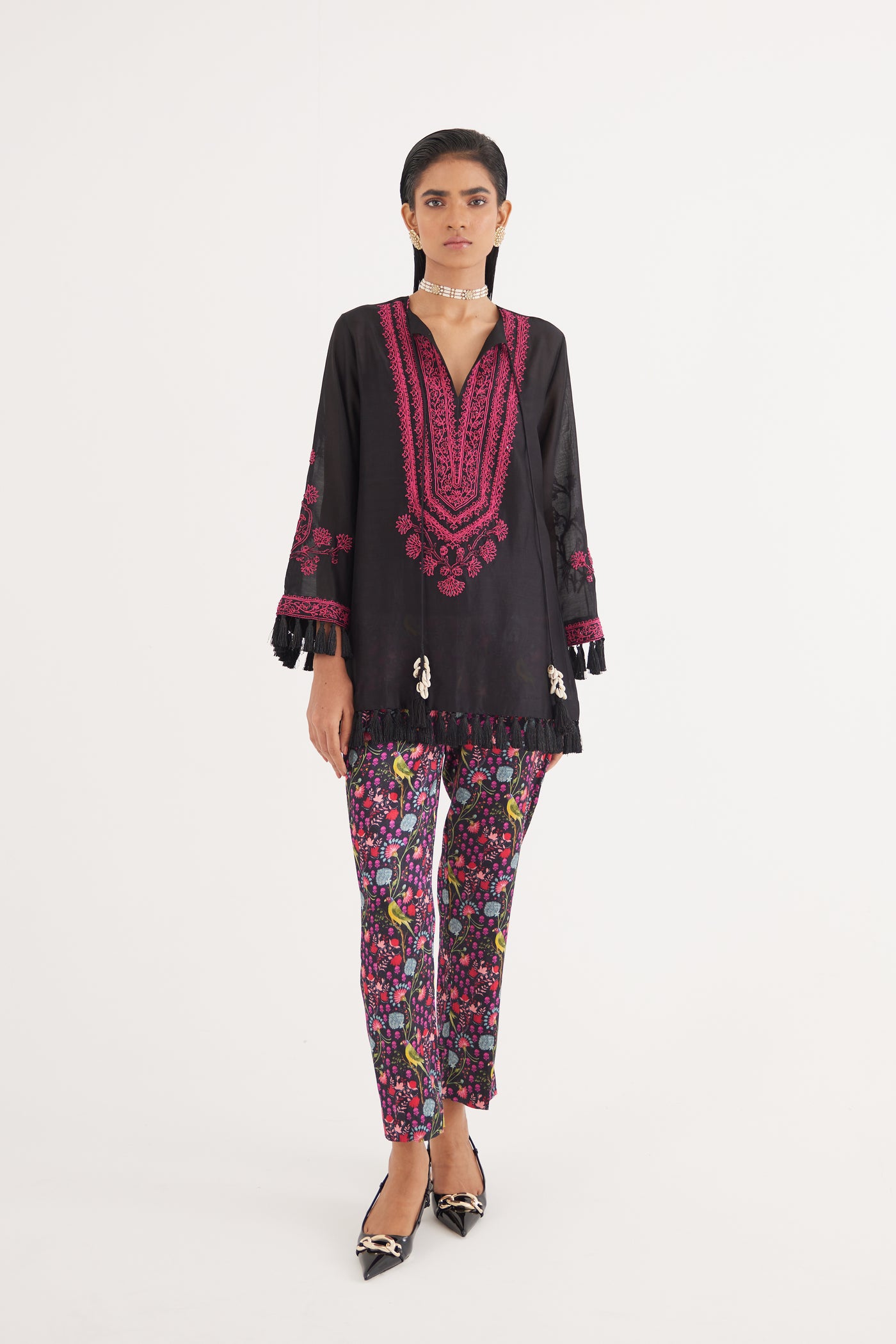 Black Silk Chanderi Embroidered Kurta and Black Mashroo Parrot Print Pant Set