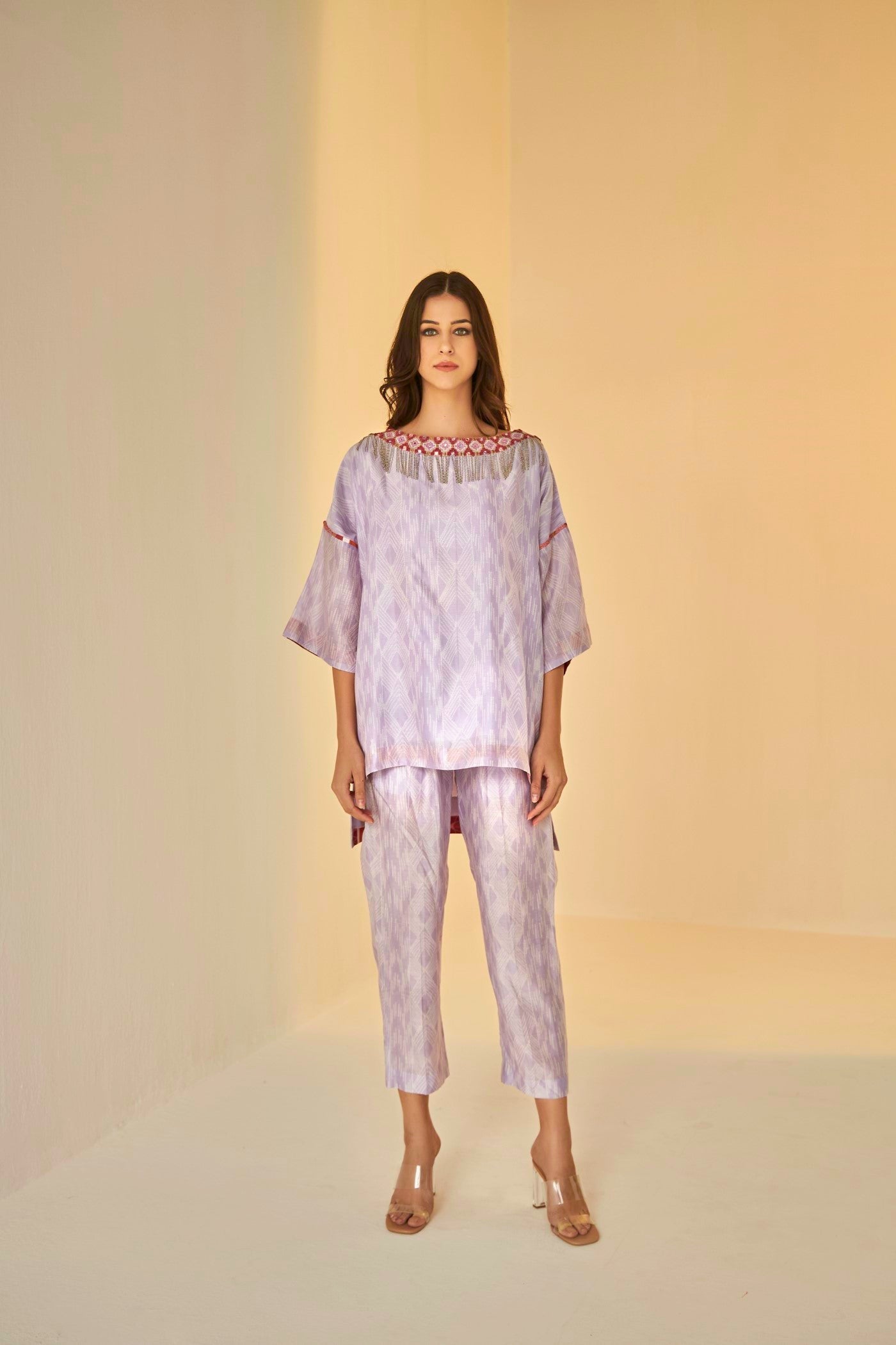 Lilac- Samarkand Boat Neck Embroidered Shibori Top And Pants Set, Handmade silk chanderi with Shibori dyeing, neat Resham and mirror embroidery, BeTrue, Be True