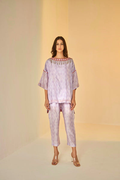 Lilac- Samarkand Boat Neck Embroidered Shibori Top And Pants Set, Handmade silk chanderi with Shibori dyeing, neat Resham and mirror embroidery, BeTrue, Be True