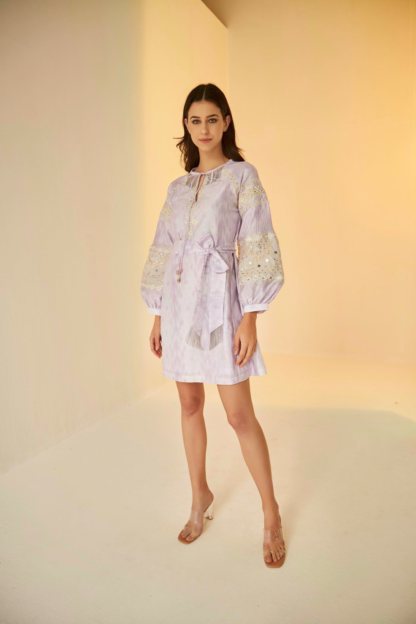 Lilac- Shibori Short And Flare Dress, beautiful Resham and mirror work embroidery, BeTrue, Be True