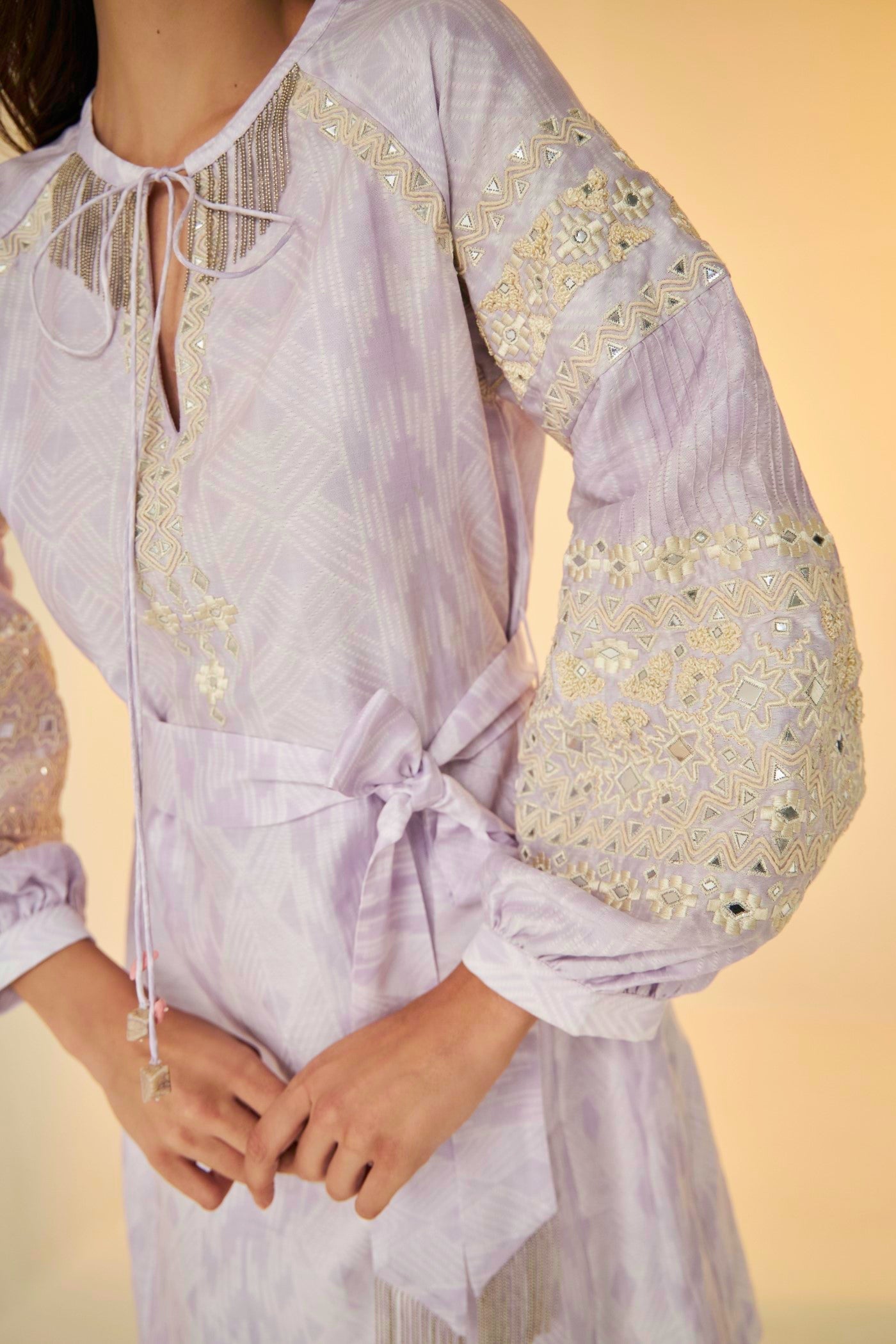 Lilac- Shibori Short And Flare Dress, beautiful Resham and mirror work embroidery, BeTrue, Be True