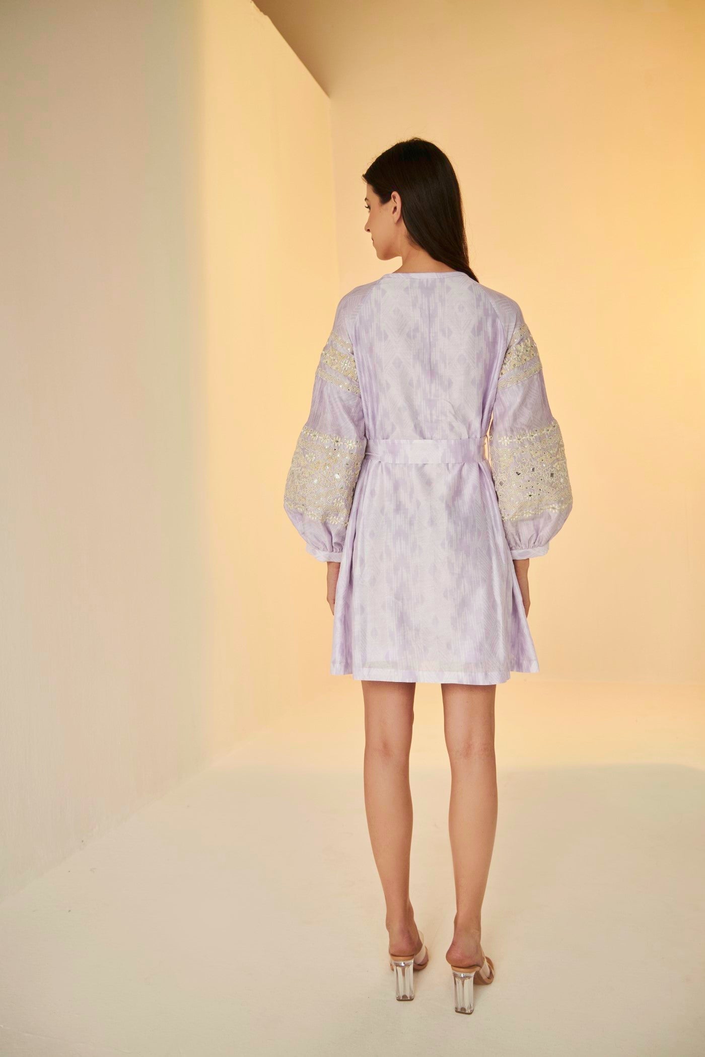 Lilac- Shibori Short And Flare Dress, beautiful Resham and mirror work embroidery, BeTrue, Be True