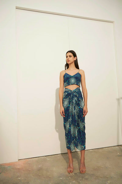 Tashkent Print Knotted Skirt And Bustier Set, Shawl Collar Blue Jacket Shibori, BeTrue, Be True