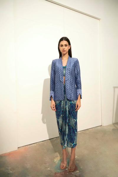 Tashkent Print Knotted Skirt And Bustier Set, Shawl Collar Blue Jacket Shibori, BeTrue, Be True