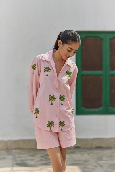 Peach Banana Tree Embroidered Shirt Set, Machine 3D embroidery, Side pockets in shorts, Detail embroidery and so cute and stylish, BeTrue, Be True