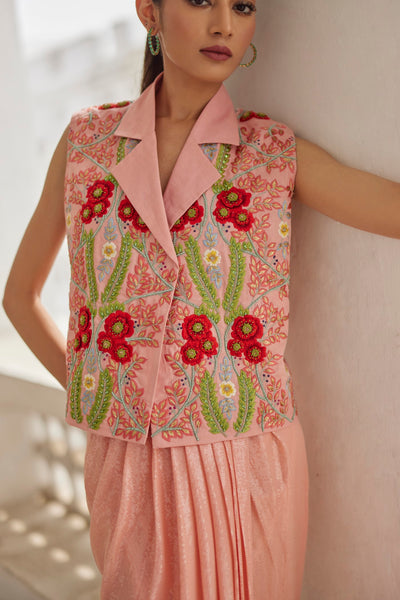 Women Clothing Peach Garden Waistcoat with Skirt