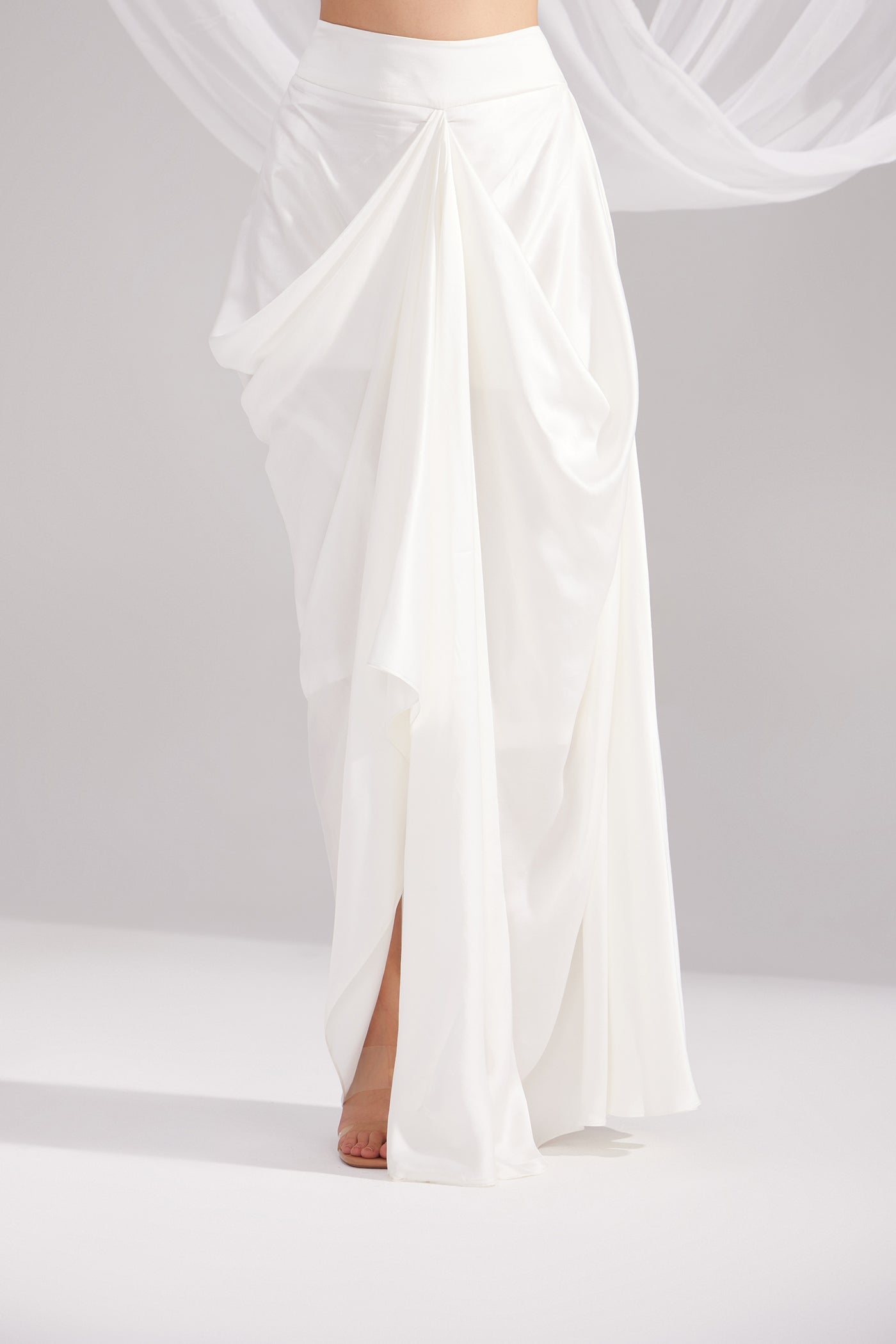 White Imperial Long Embroidered Jacket Dress & Pearl White Pure Silk Draped Skirt Set