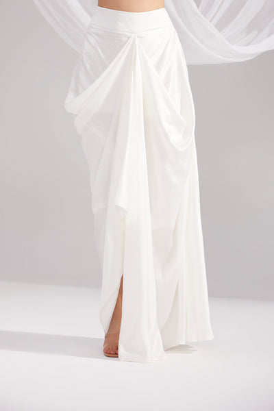 White Imperial Long Embroidered Jacket Dress & Pearl White Pure Silk Draped Skirt Set