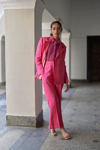 Pink Coronation Linen Jacket Set, Front open with double breasted style, Jacket has four handmade colourful hand embroidered buttons, BeTrue, Be True