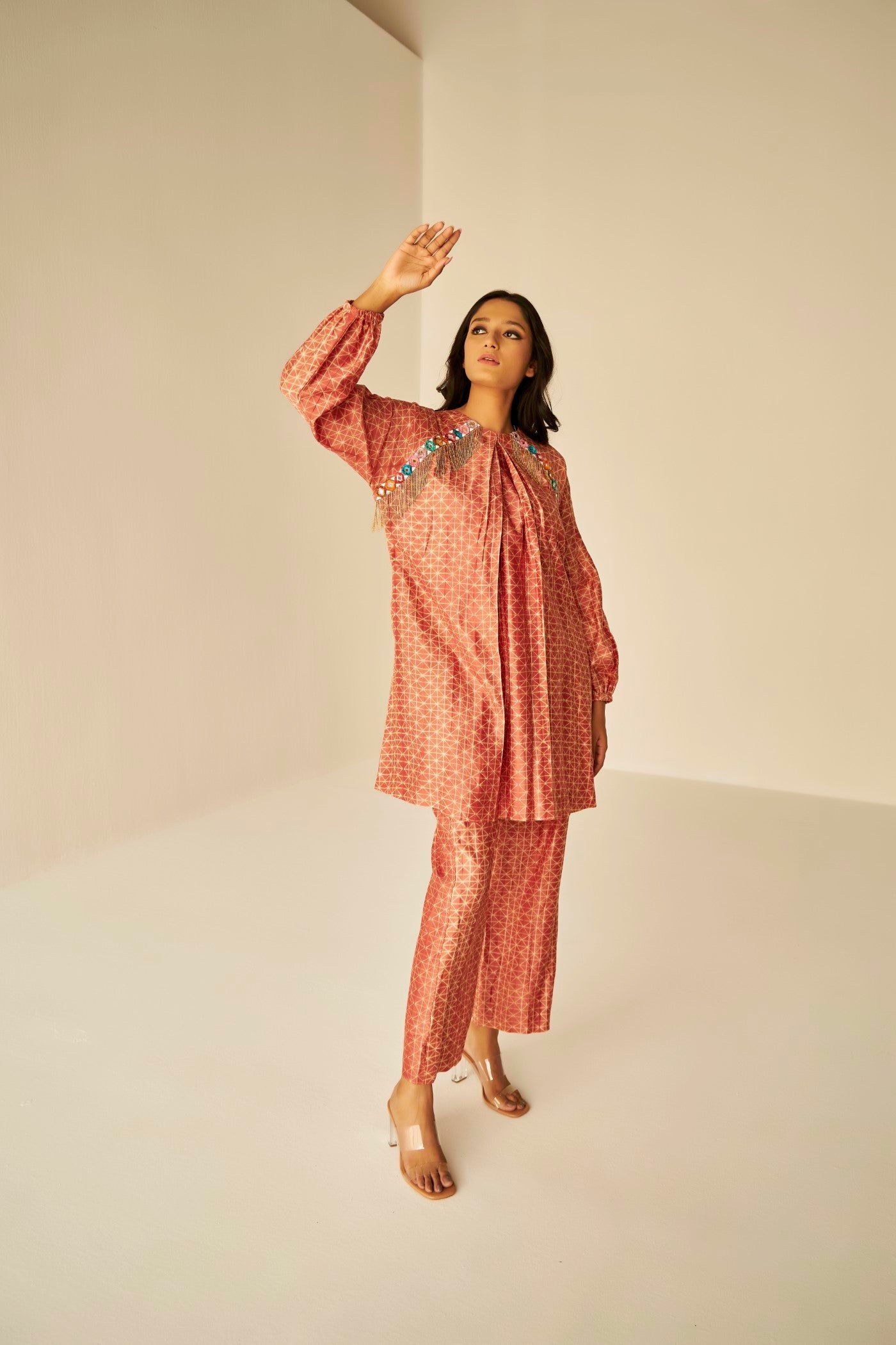 Rust -Raglan Sleeve Embroidered Shibori Shirt And Pants Set, BeTrue, Be True