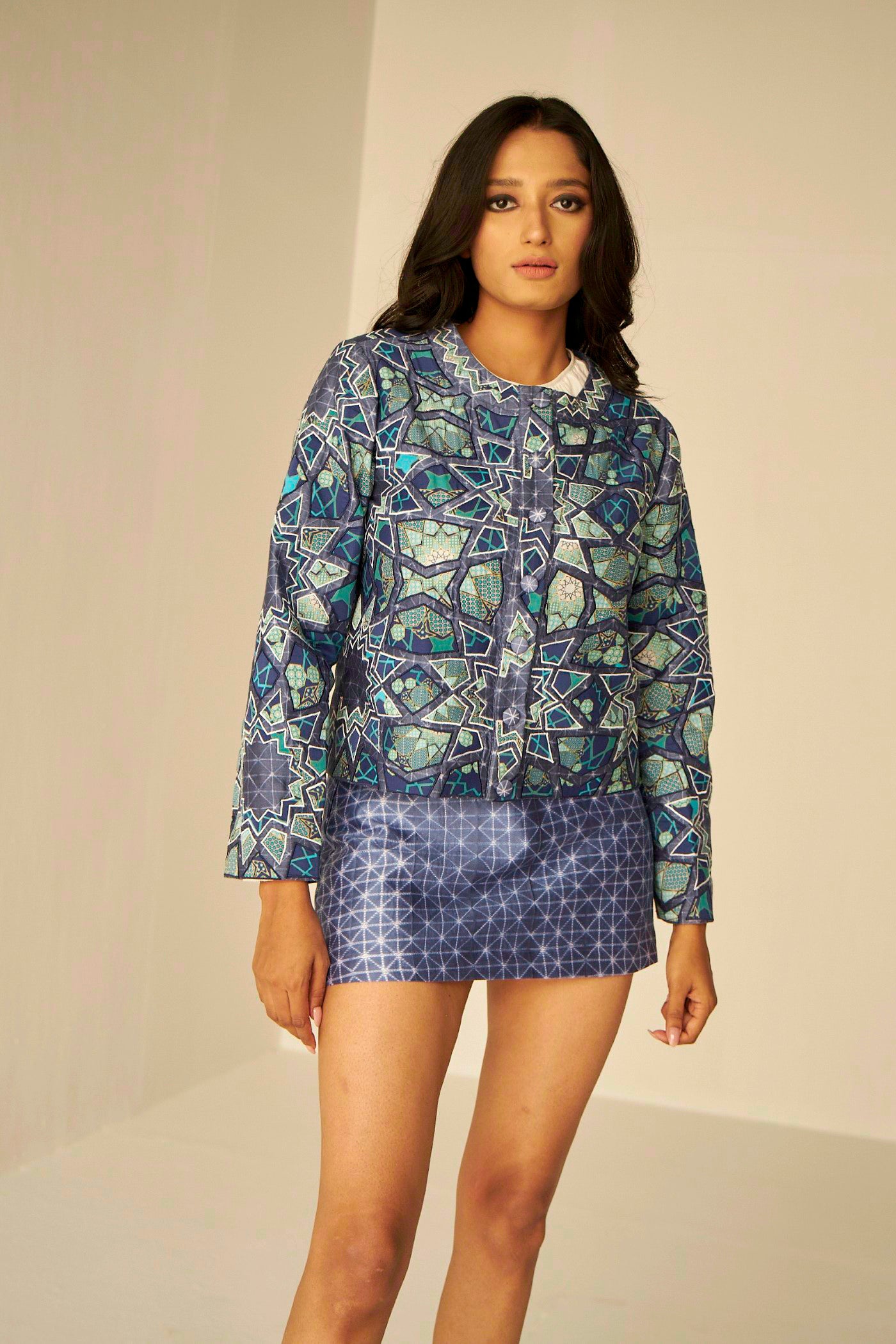 Blue- Short Appliqué Embroidered Shibori Jacket