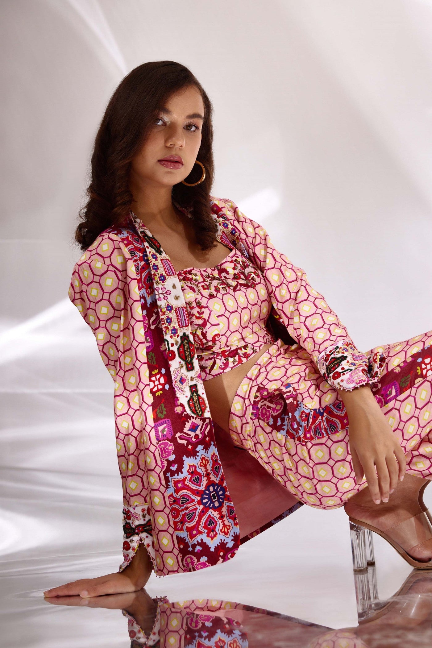 Blush Pink Mix Print Hand Embroidered Bustier, Blazer & Pants in Handloom Organic Cotton And Banana Silk, BeTrue, Be True