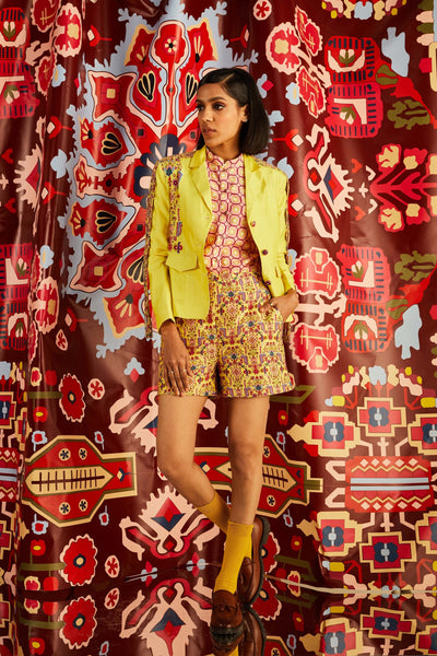 Tabriz yellow fitted blush pink shirt, print shorts and fringe jacket in organic cotton silk, BeTrue, Be True