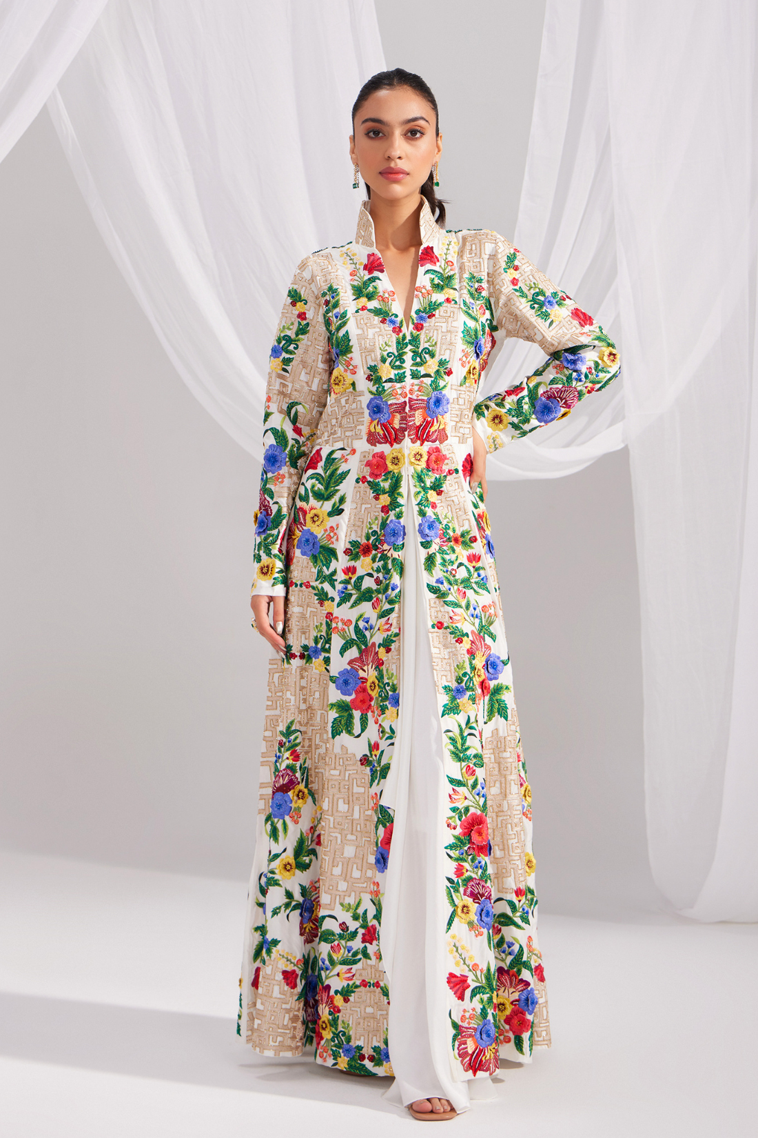 White Imperial Long Embroidered Jacket Dress