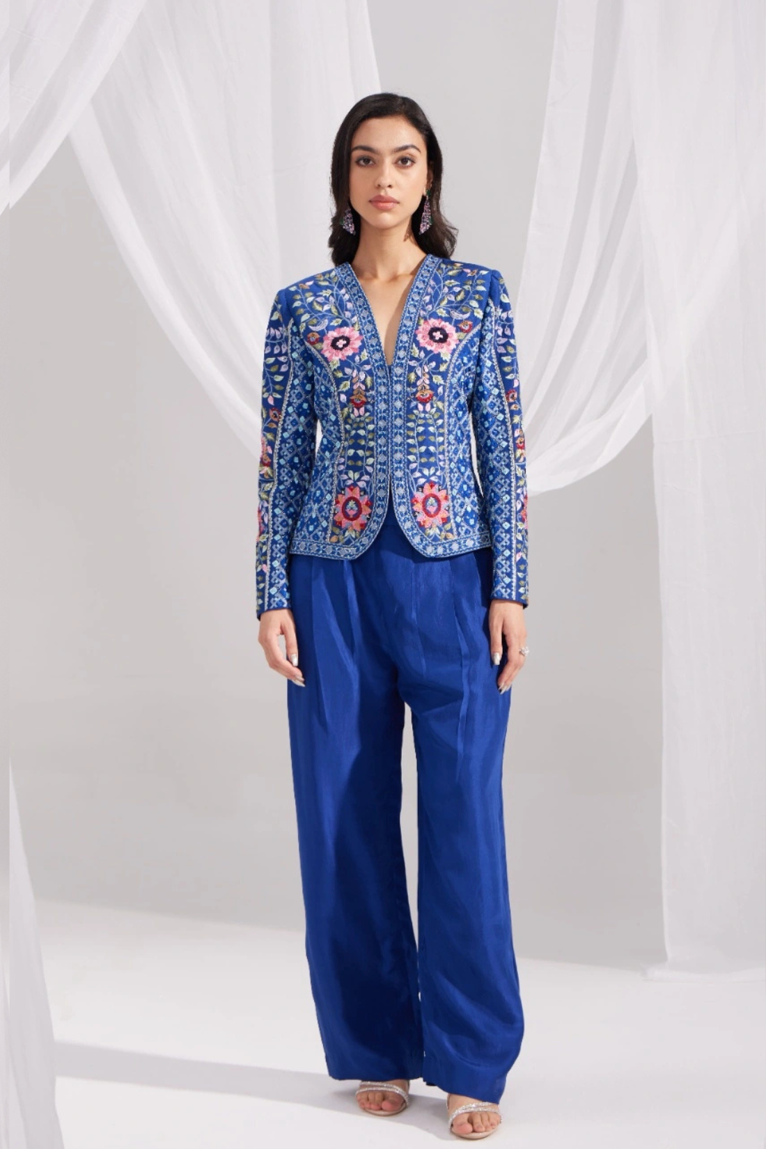 Royal Blue Gardenia Short Embroidered Silk Jacket Set