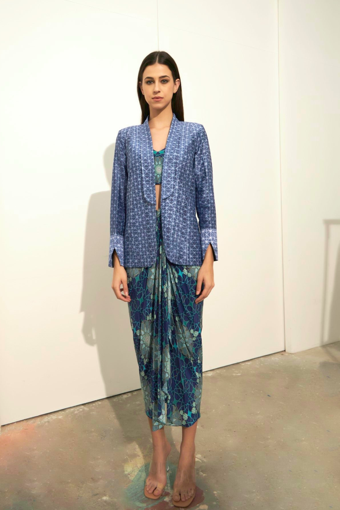 Shawl Collar Blue Jacket Shibori
