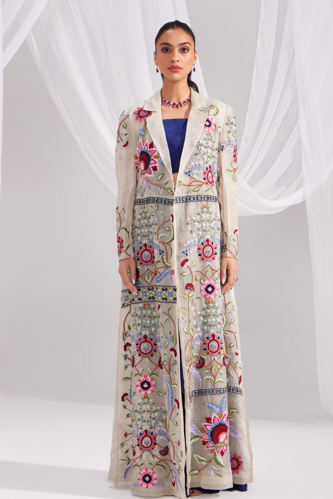 Silver Organza Treasure Embroidered Jacket Set