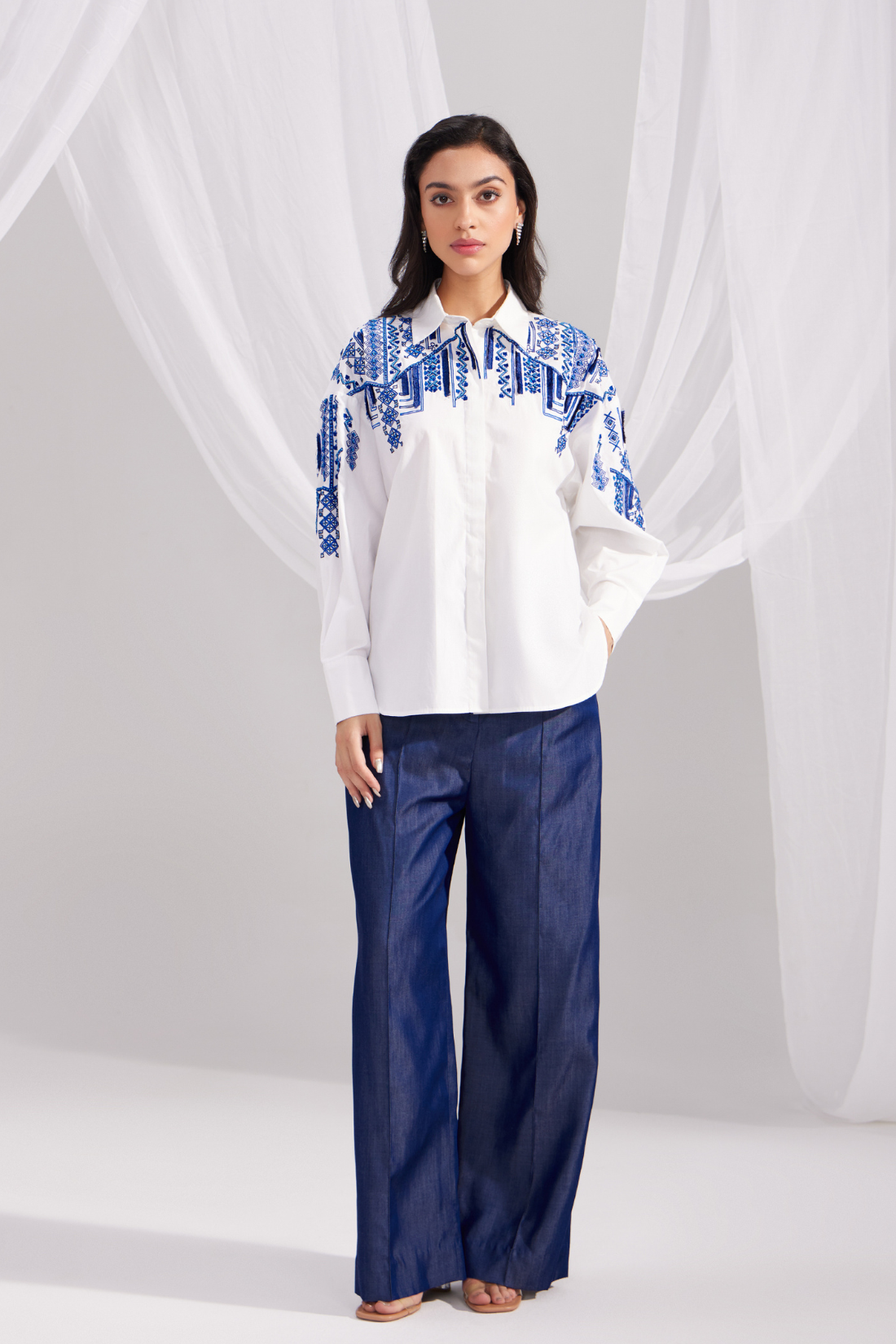 White Moroccan Embroidered Shirt & Denim Tencel Straight Everyday Pant Set