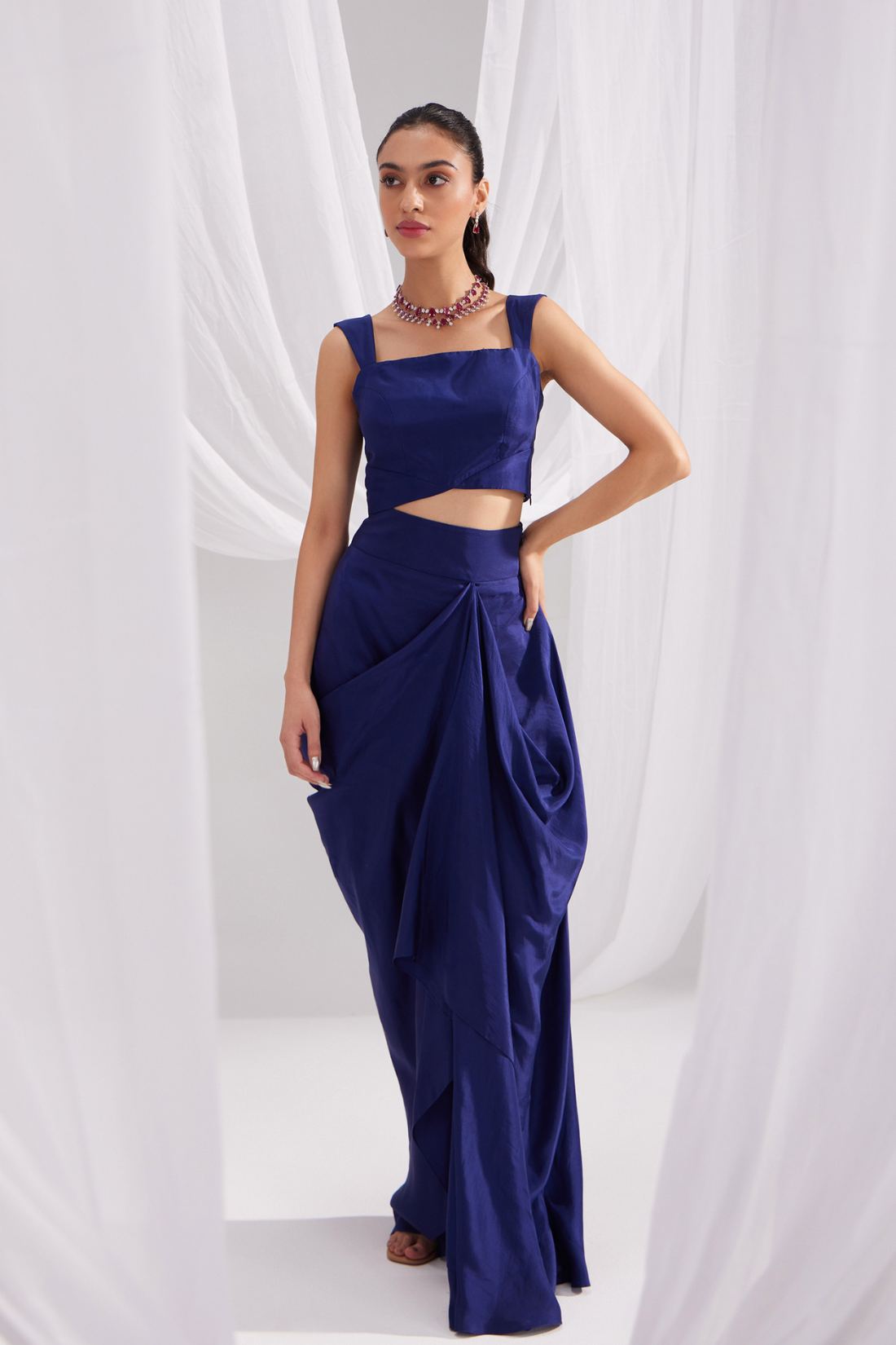 Midnight Blue Silk Bustier & Draped Skirt Set
