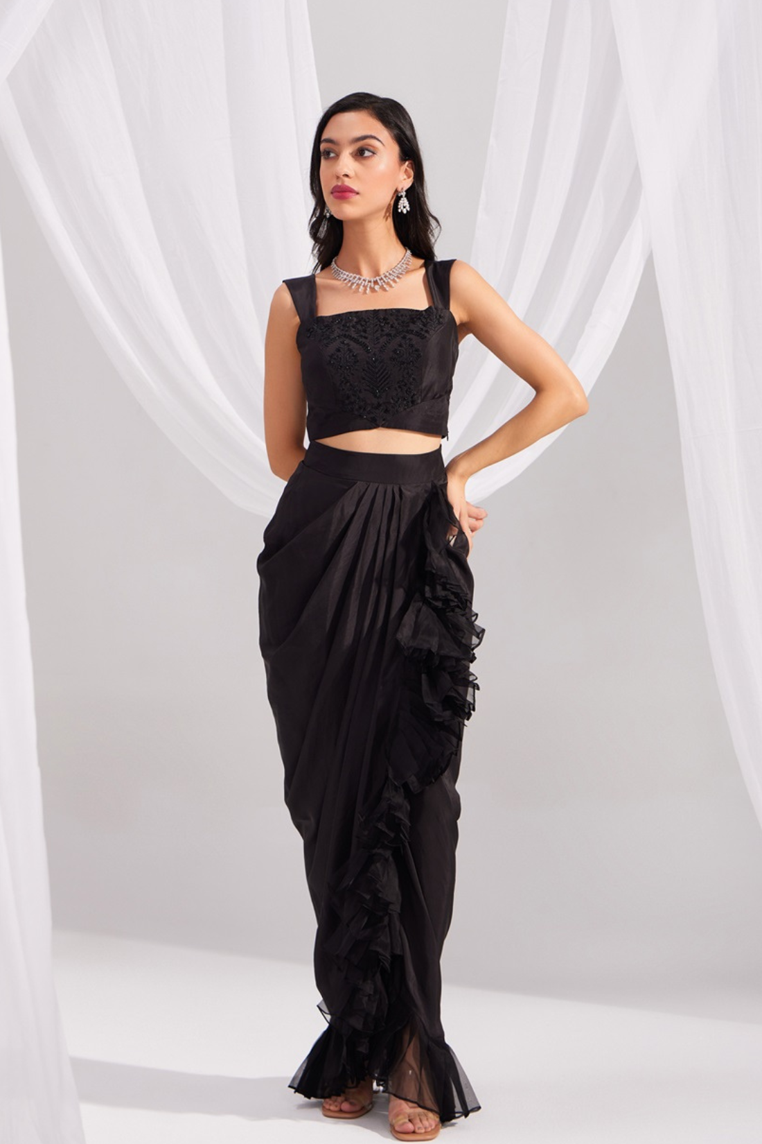 Black Embroidered Silk Bustier & Ruffle Draped Skirt Set