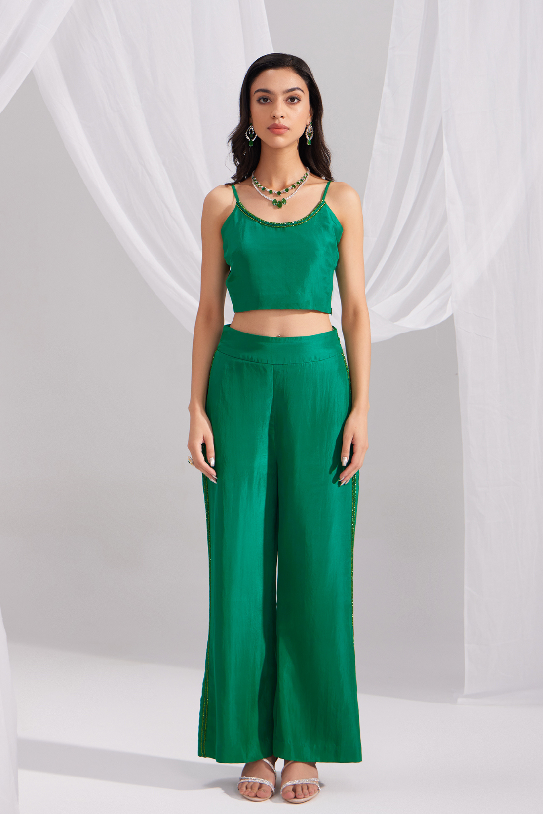 Emerald Green Embroidered Silk Bustier & Flared Silk Pant Set