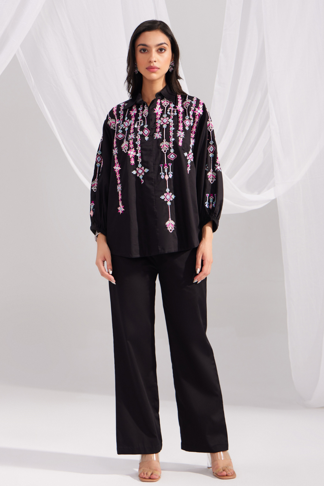 Black Embroidered Artist Shirt & Cotton Satin Straight Pant Set