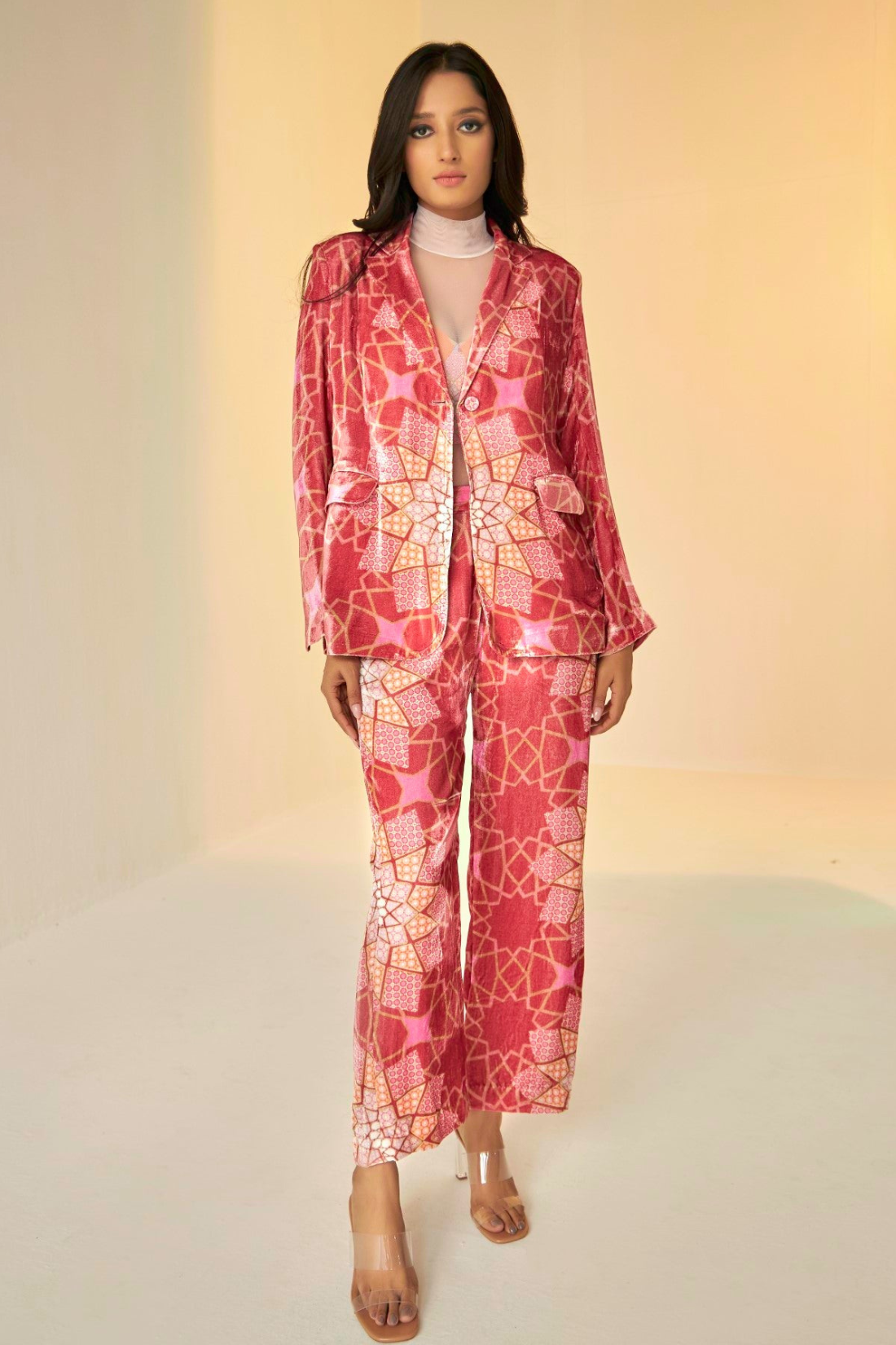 Rust- Bukhara Velvet Jacket And Pants Set With Bustier