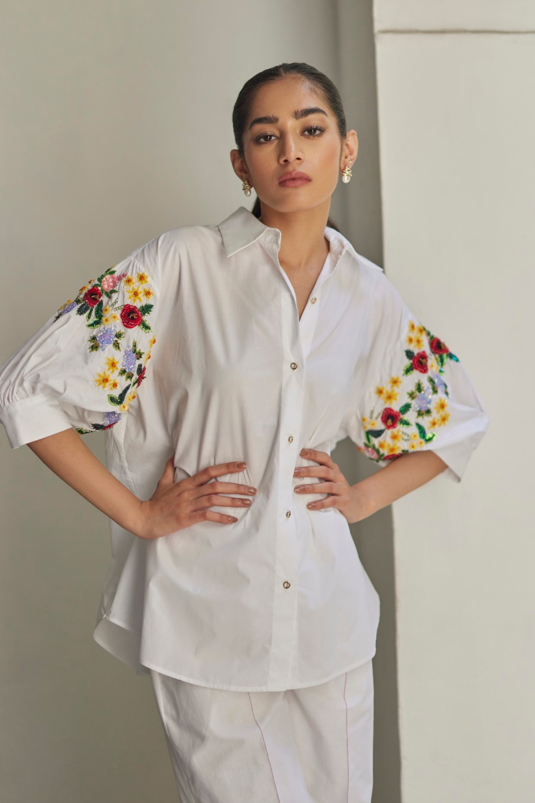 White Bouquet Floral Hand Embroidered Shirt And Pant Set