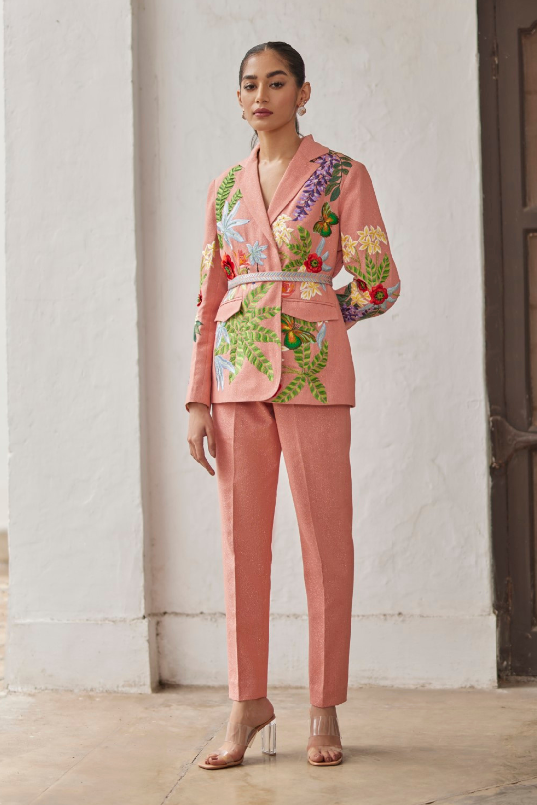 Peach Peony Embroidered Jacket And Narrow Pants Set