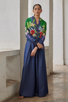 Denim Buda Embroidered Jacket And Palazzo Pants And Bustier Set