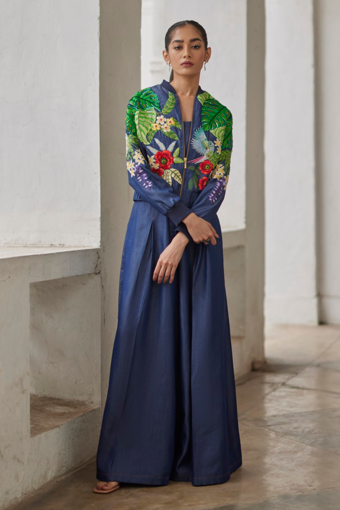 Denim Buda Embroidered Jacket And Palazzo Pants And Bustier Set