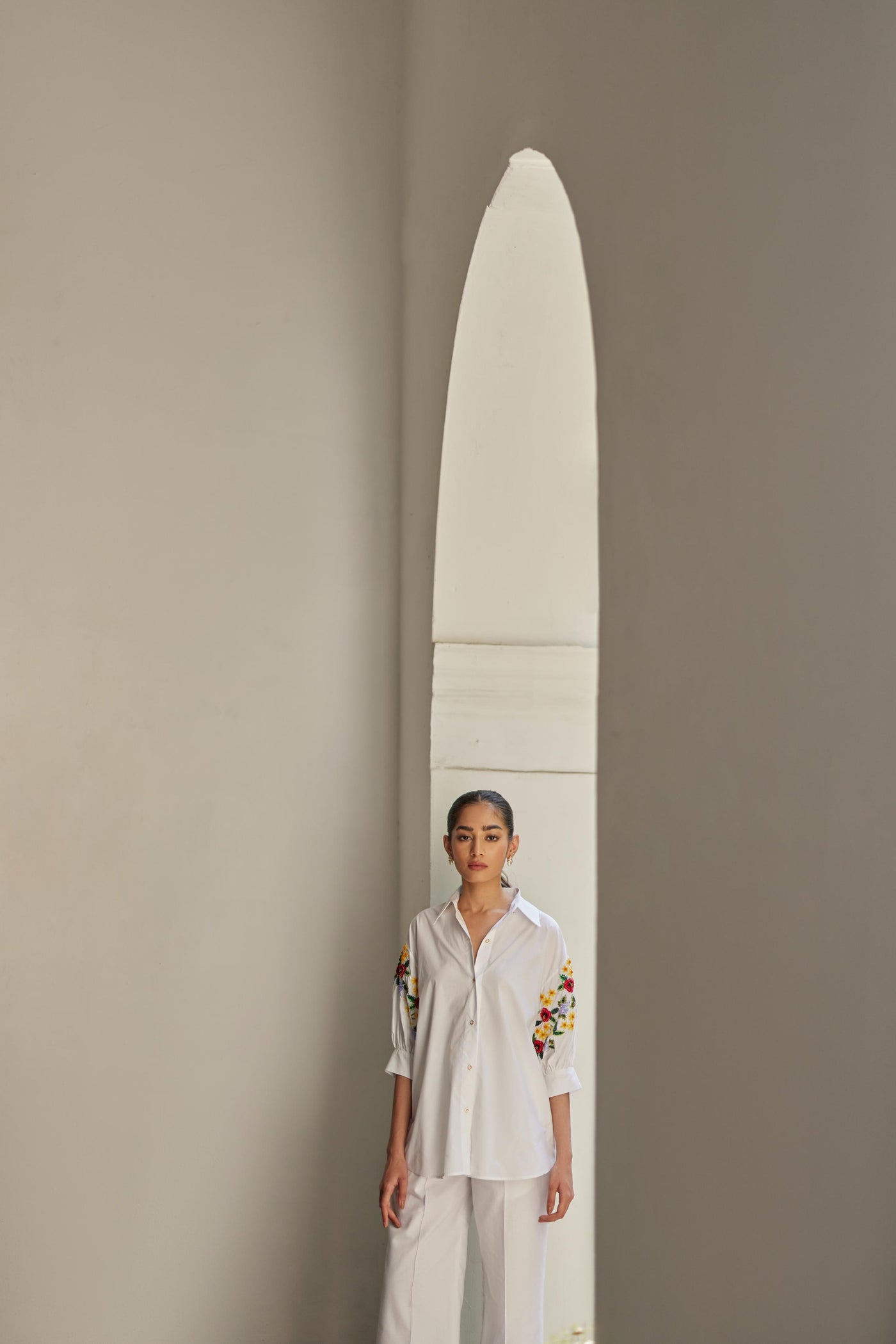 White Floral Bouquet Embroidered Shirt