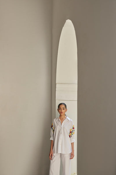 White Floral Bouquet Embroidered Shirt