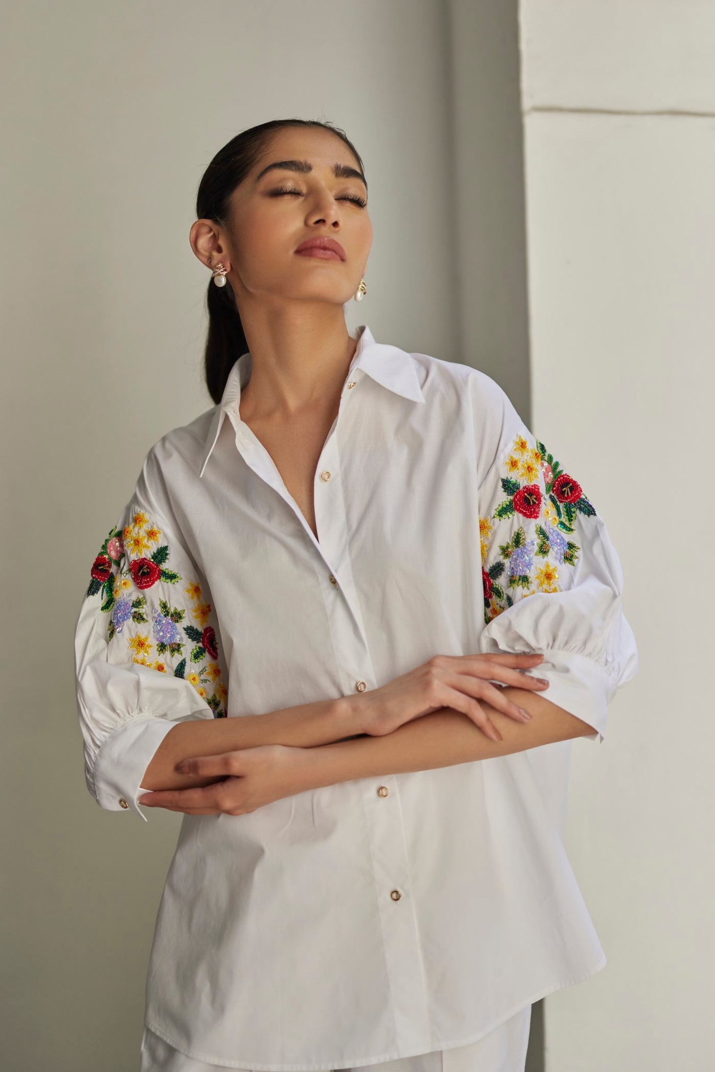 White Bouquet Floral Hand Embroidered Shirt And Pant Set