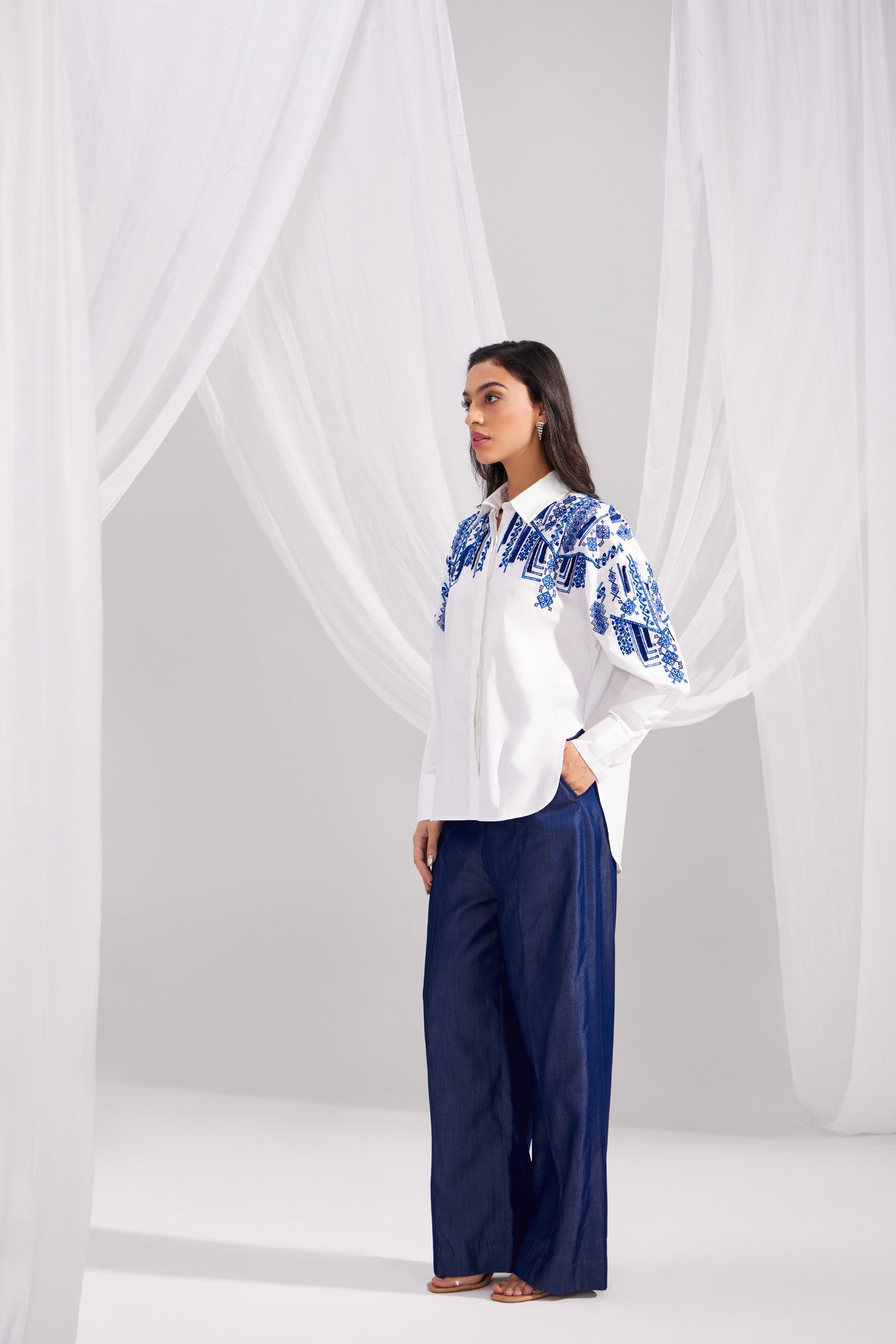 White Cotton Moroccan Embroidered Shirt