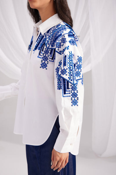 White Cotton Moroccan Embroidered Shirt